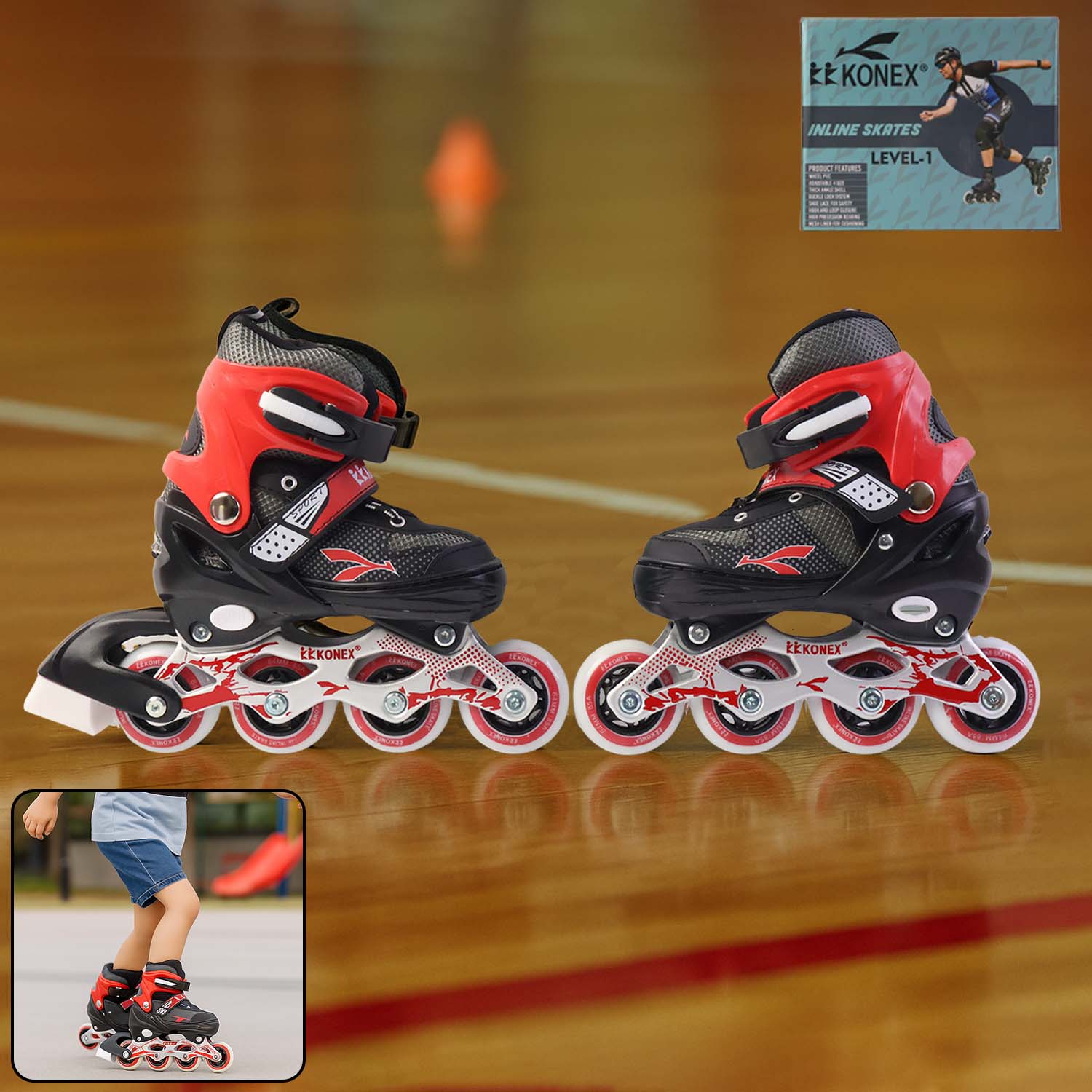 Medium size adjustable inline skates for kids and adults with aluminum frame and red design