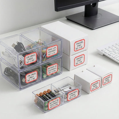 Kitchen organizer using self-adhesive rectangular label stickers for clear labels