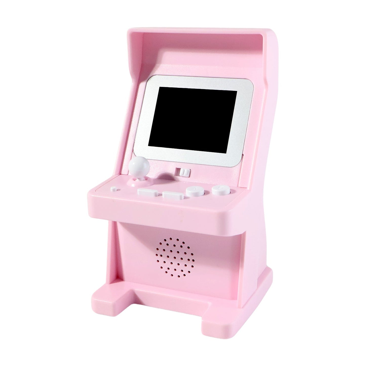 Side view of compact mini arcade game console with built-in joystick