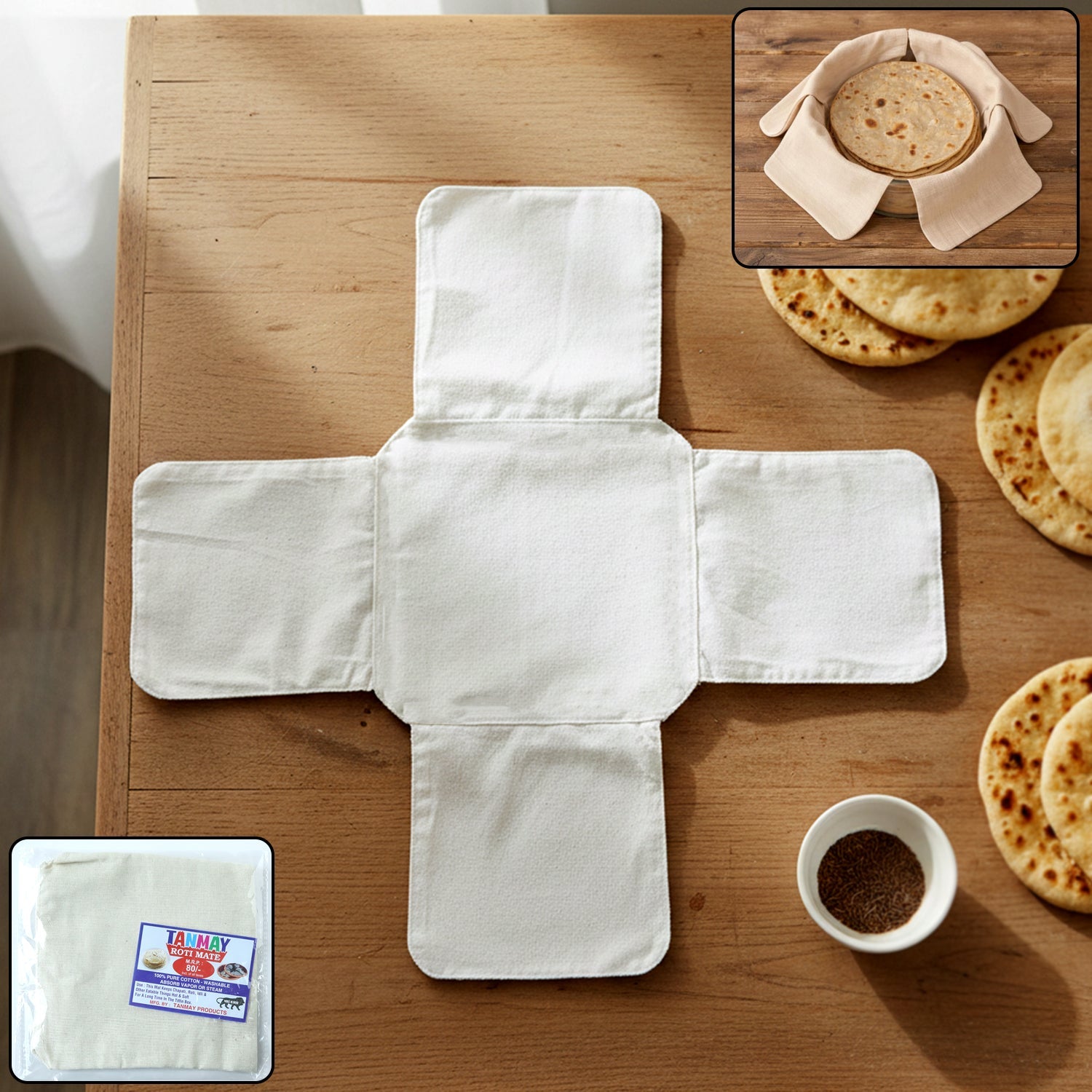 Pure cotton foldable round Roti Mate cloth designed for chapati warmth