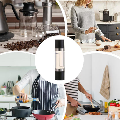 Side angle of stainless steel salt and pepper grinder on white background