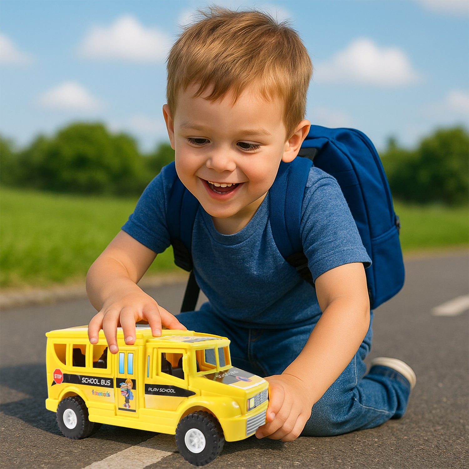 Bright yellow friction-powered school bus toy with sturdy wheels