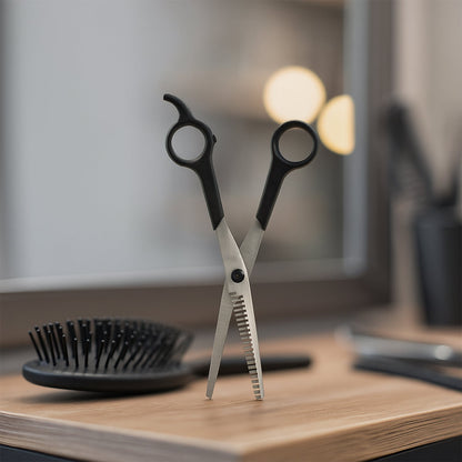 Side view of high-quality hair thinning scissors with precise blade teeth