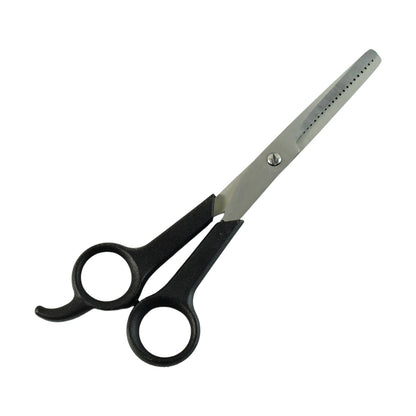 Professional hair thinning scissors in open position demonstrating smooth cutting action