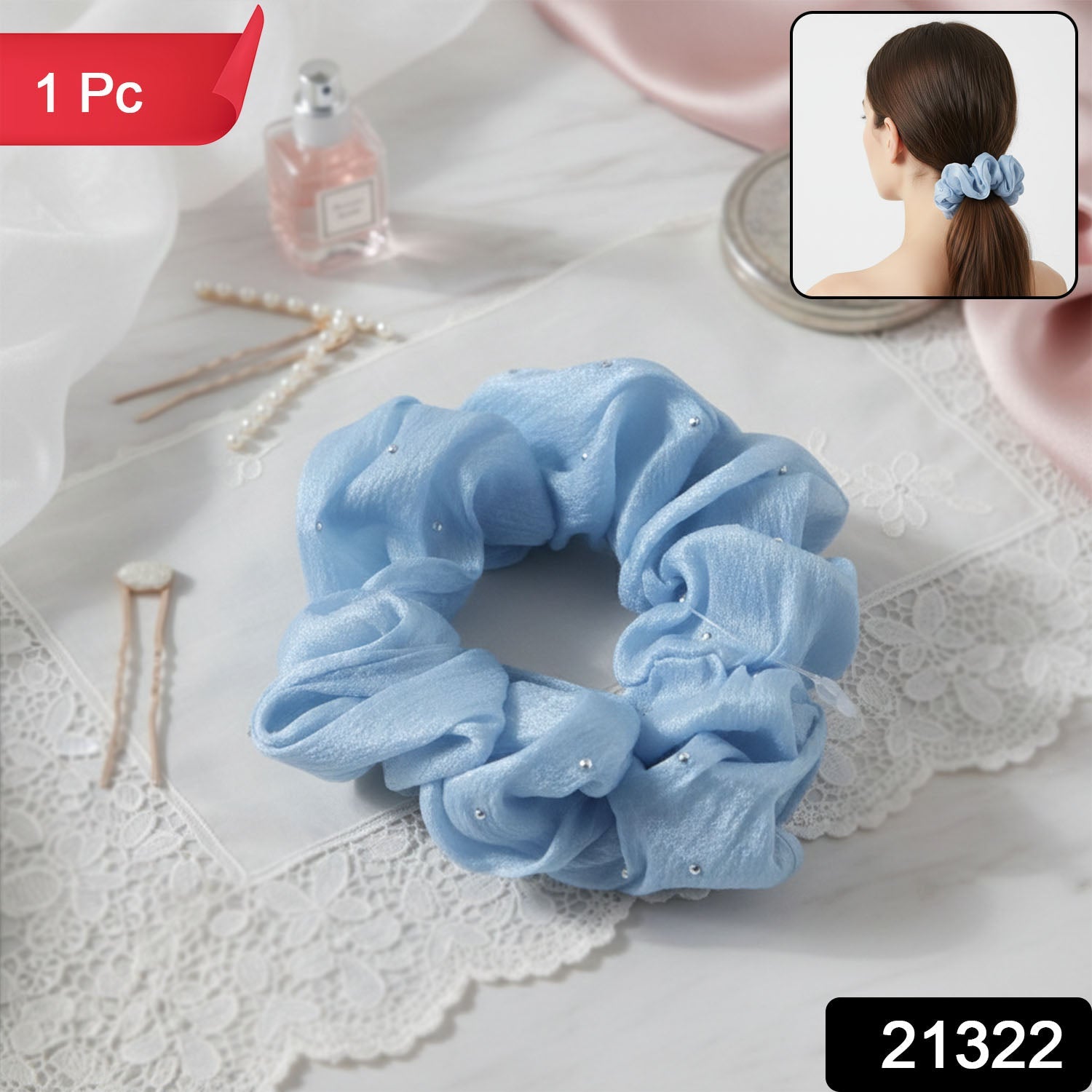Close-up of a stretchable elastic soft fabric hair scrunchie accessory