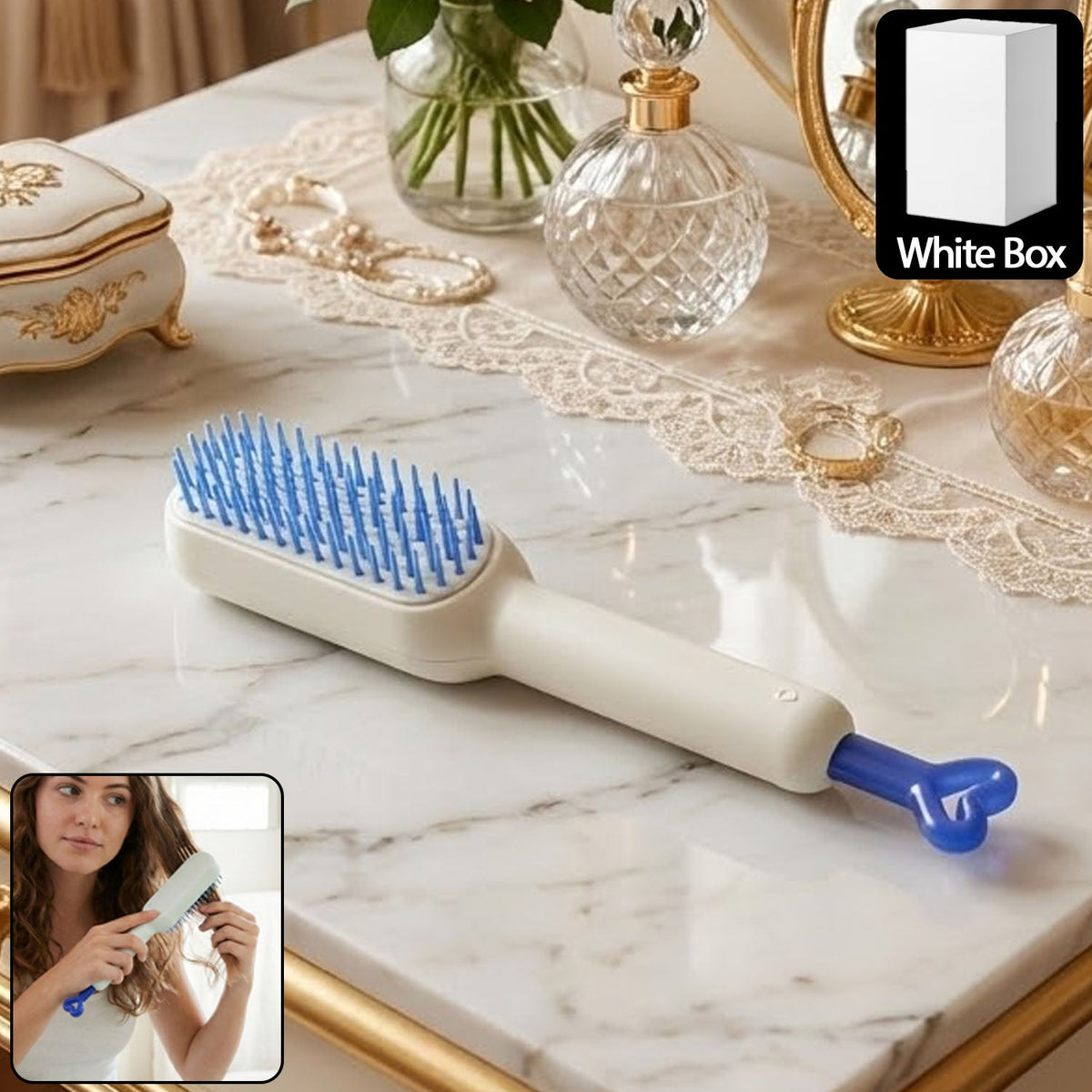 Self-Cleaning Hairbrush with retractable bristles on a white background
