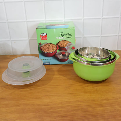 Serving bowl set designed for food prep, storage, and serving
