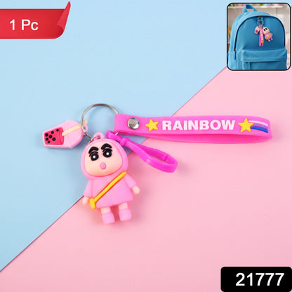 Close-up of vibrant rainbow strap on cartoon keychain for bags