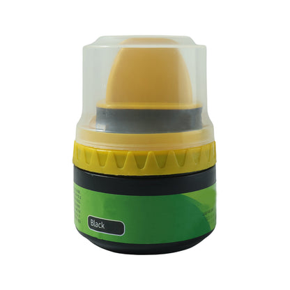 Integrated sponge attached to black shoe polish cream container