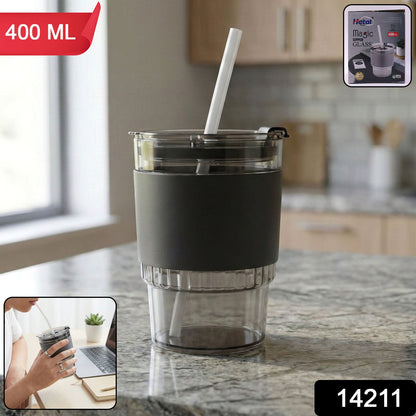 Transparent plastic tumbler with a secure lid and eco-friendly reusable straw.
