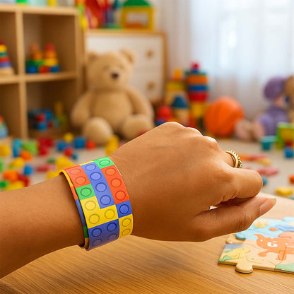 Colorful snap slap bracelet toy laid flat showing design pattern