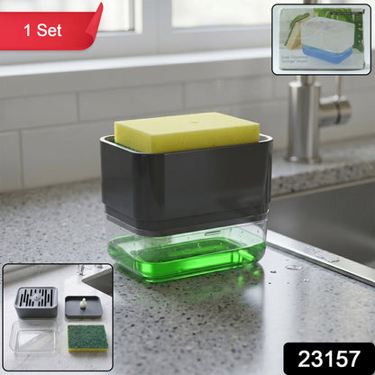 Kitchen sink soap dispenser with sponge storage