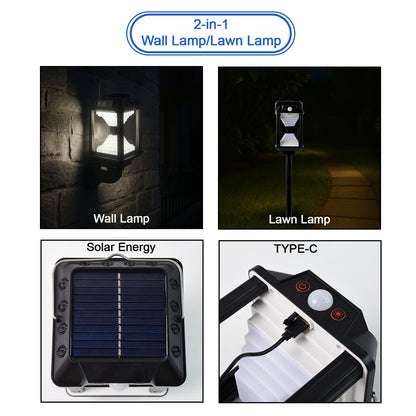 Solar LED lamp on outdoor wall with motion detection feature activated
