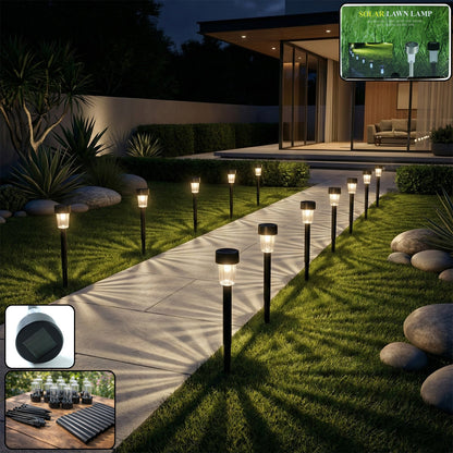 Solar powered lawn pathway light set illuminating garden pathway