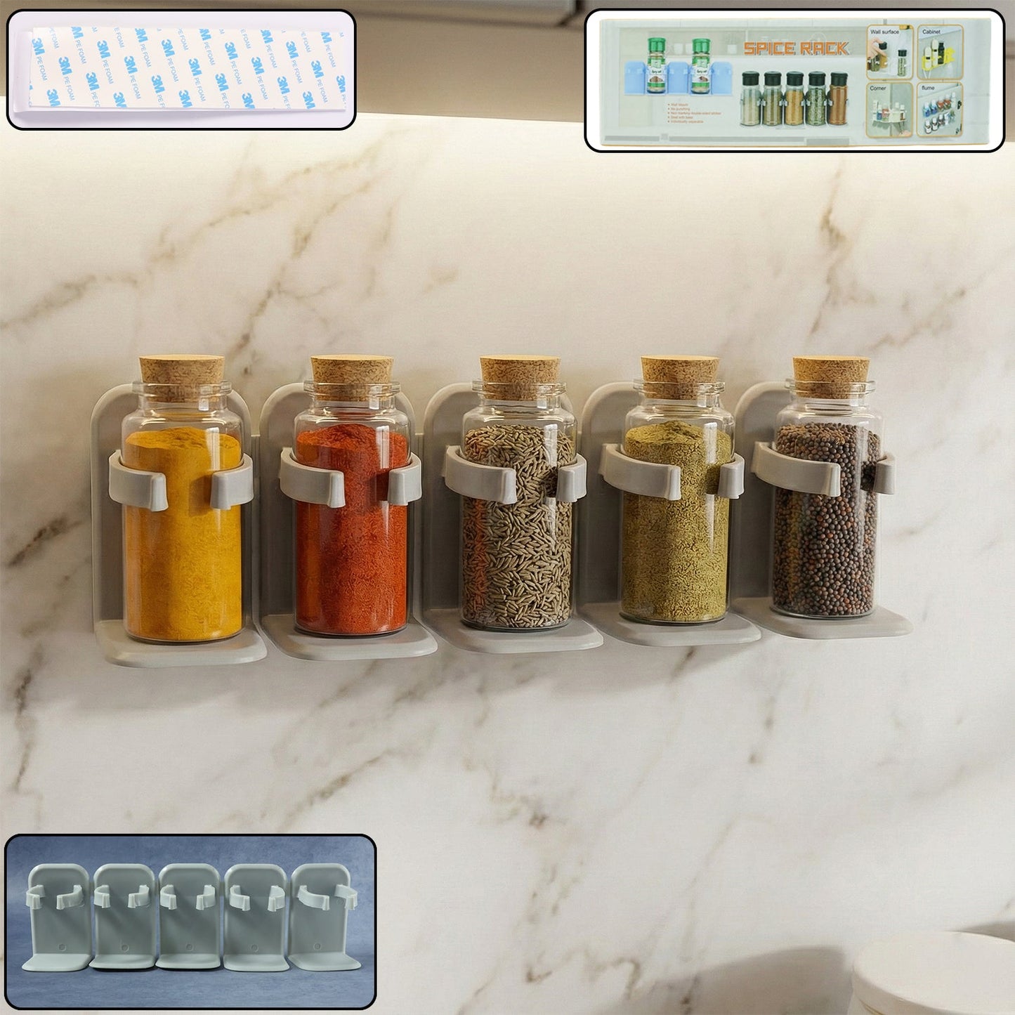 Wall spice storage rack with adhesive mount in kitchen setting