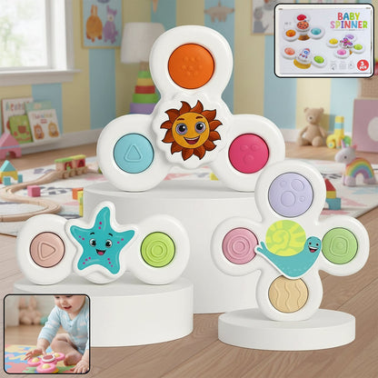 White baby spinner toy set with strong suction bases attached to high chair