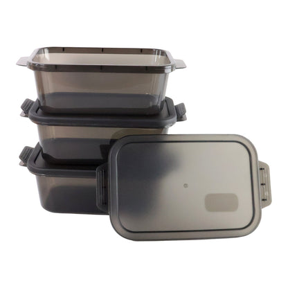 Three rectangular food storage boxes neatly stacked for efficient kitchen space.