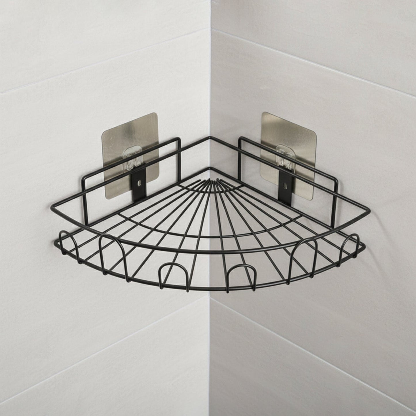 Easy-mount bathroom storage rack fixed with adhesive backing