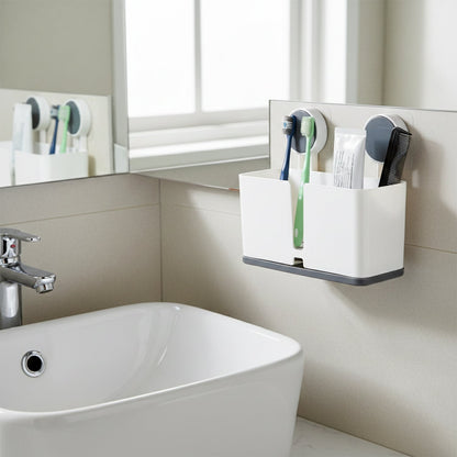 Organizer cup set holding toothbrushes and toothpaste in bathroom