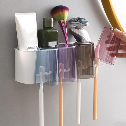 Bathroom toothbrush storage rack mounted on wall with organized sections