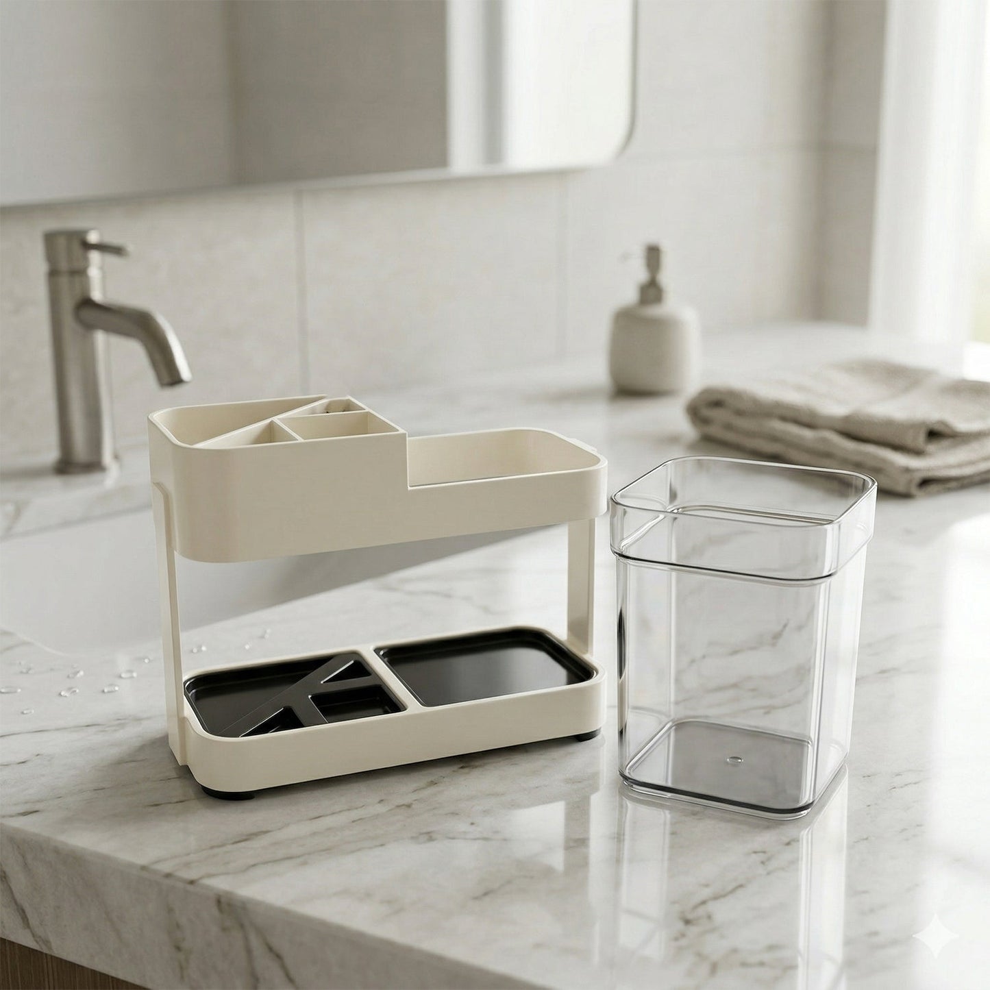 Brown plastic toothbrush holder in bathroom