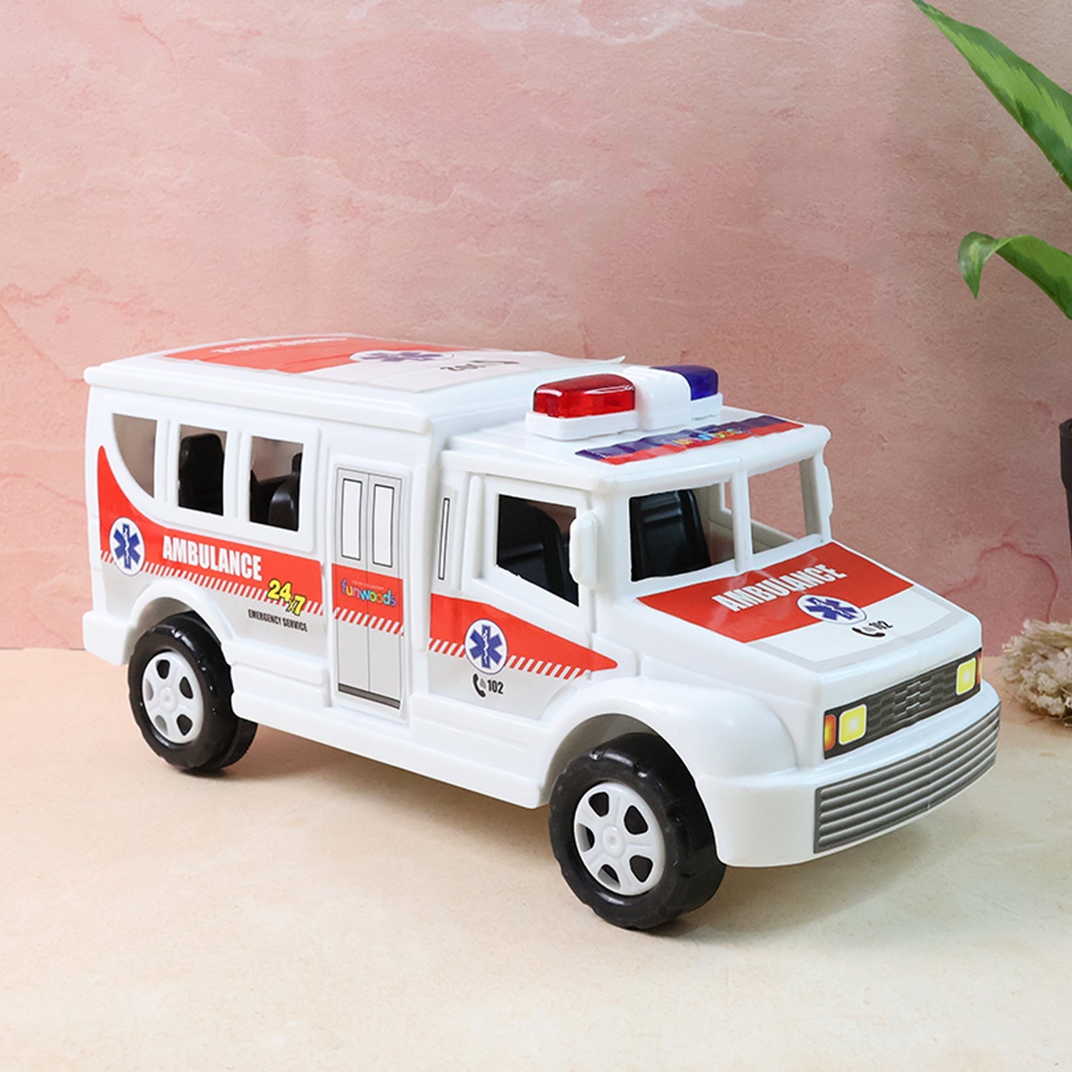 Top view highlighting detailed friction powered ambulance toy design