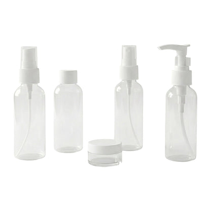 Travel bottle combo including pump, spray, and flip cap refillable containers