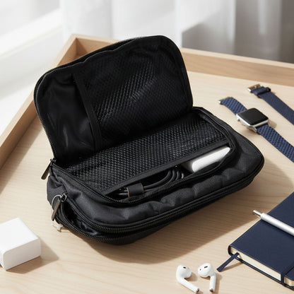 Durable compact electronics organizer pouch angled view