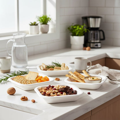 Square disposable serving tray holding a portioned meal for convenience.
