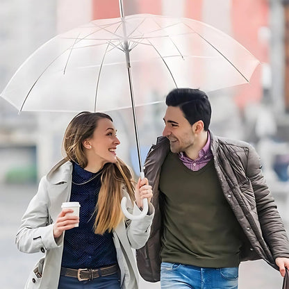 Open transparent dome umbrella displaying metal shaft and reinforced ribs