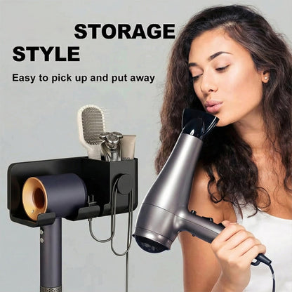 Close-up of hair dryer storage rack mounted on bathroom wall