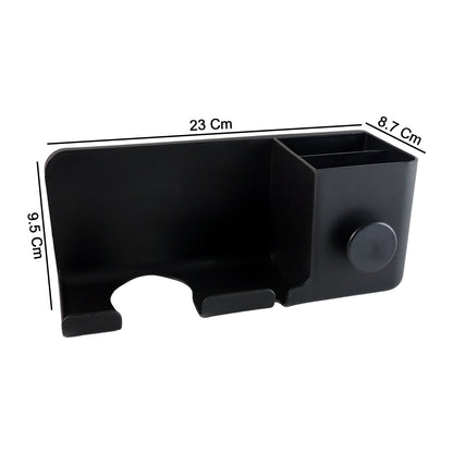 Side view of wall mounted hair dryer holder with multipurpose organizer