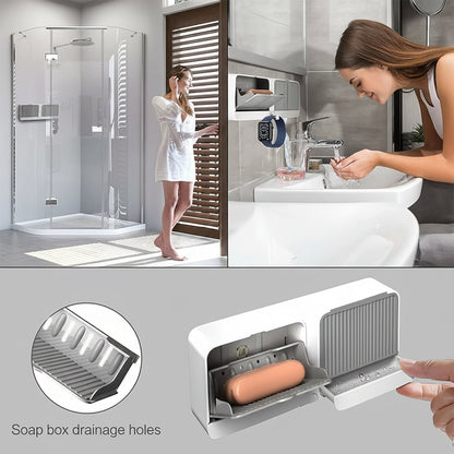 Flip-open soap holder in wall mounted bathroom storage unit