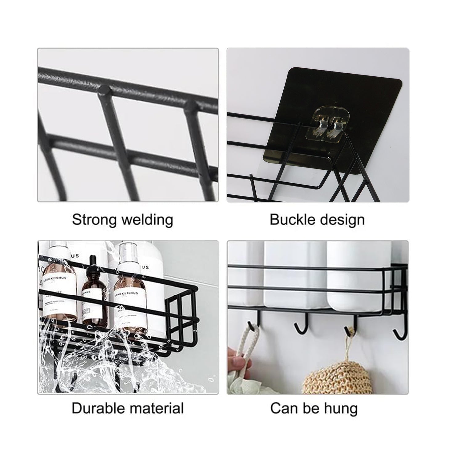 Self-adhesive metal storage basket firmly mounted on bathroom wall
