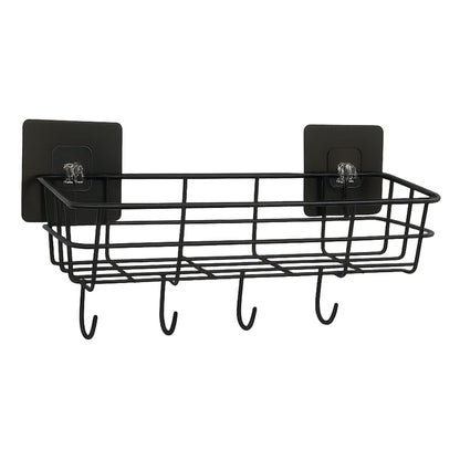 Close-up of basket hooks holding towels and loofahs efficiently