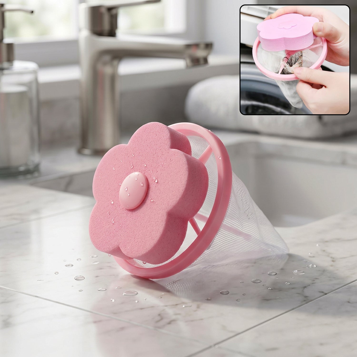 Floating flower-shaped laundry lint catcher in washing machine