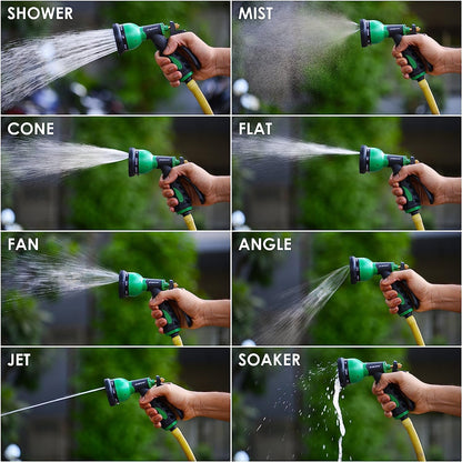 Close-up of garden hose spray nozzle spraying water in adjustable pattern