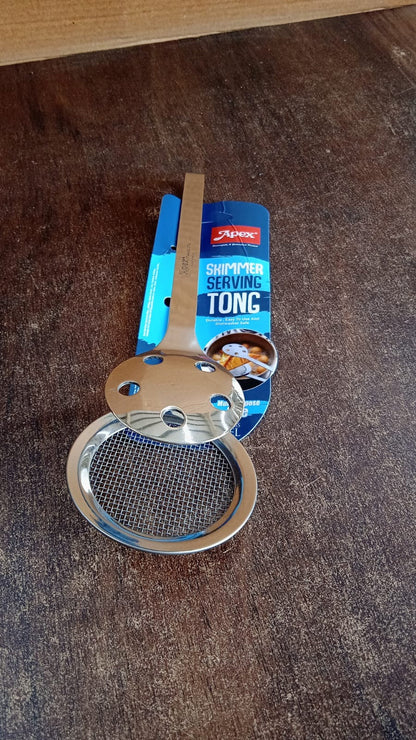 Stainless steel skimmer serving tong by Apex in use with fried snacks