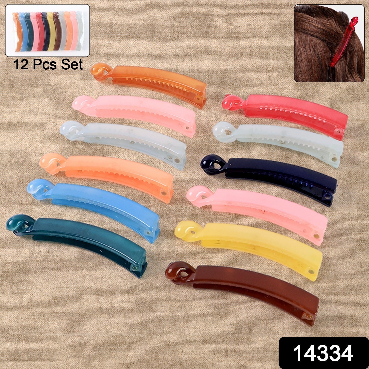 Multicolor plastic banana hair clip collection displayed