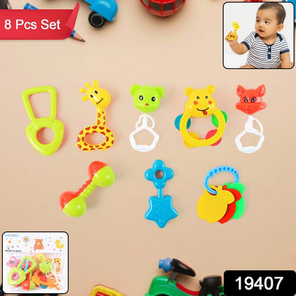 Close-up of colorful infant rattle toys designed for tiny hands
