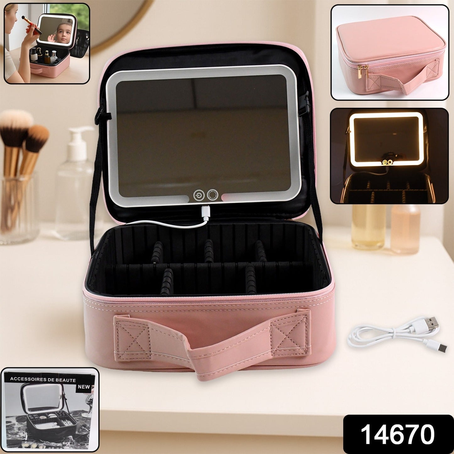 Travel makeup case with USB rechargeable LED lighted mirror