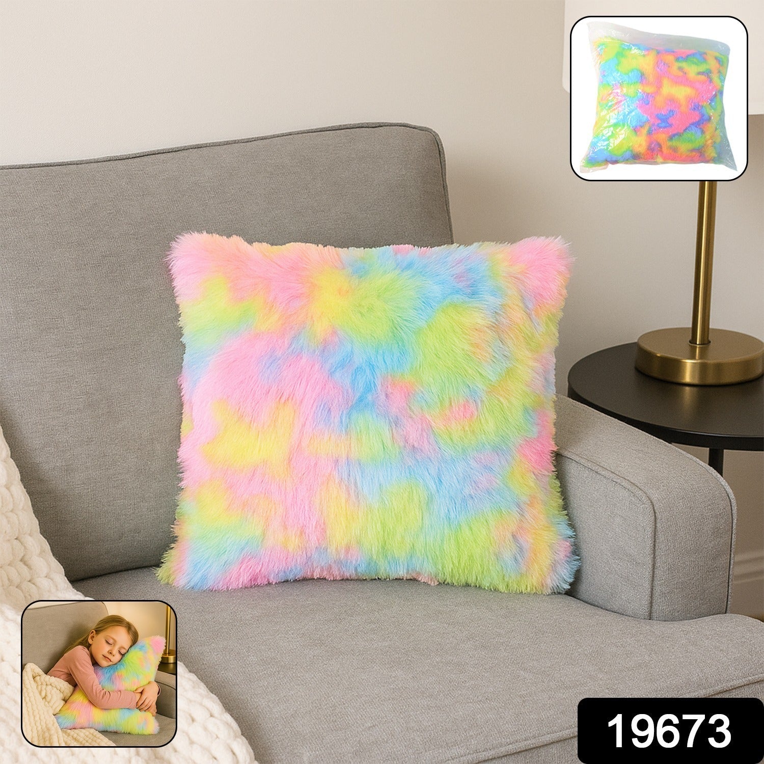 Decorative plush cushion pillow featuring rainbow colors on sofa