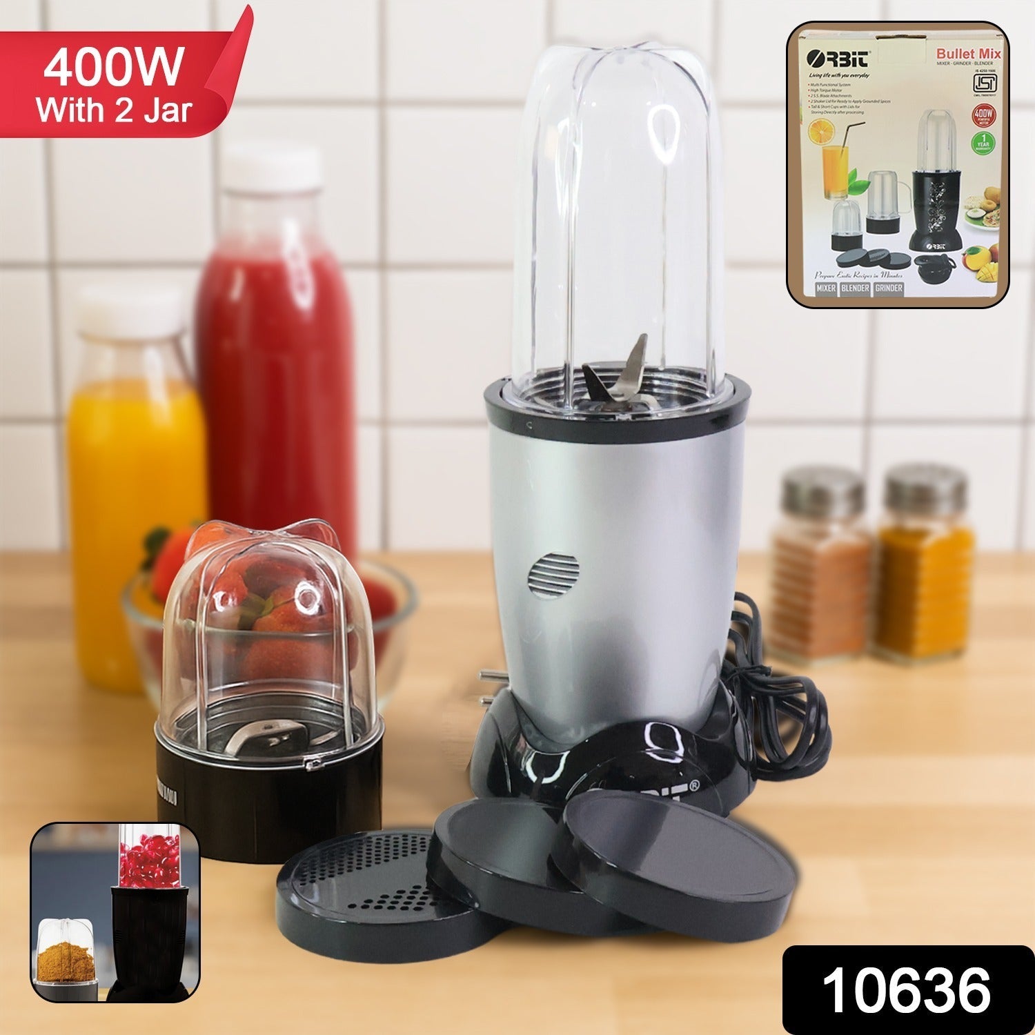 Orbit bullet blender with stainless steel blades for smoothies and spice grinding