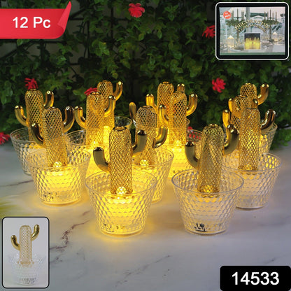 Single golden cactus LED tealight candle in decorative transparent cup for table décor