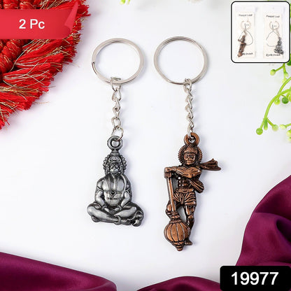 Close-up of Hanuman metal keychain attached to a keyring