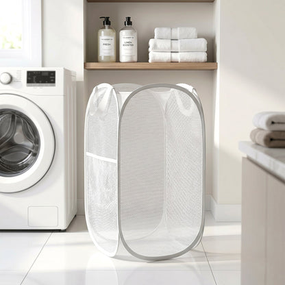 Portable laundry basket in white mesh with handles