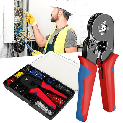 Open ferrule crimping tool kit displaying ratchet plier and color-coded ferrules