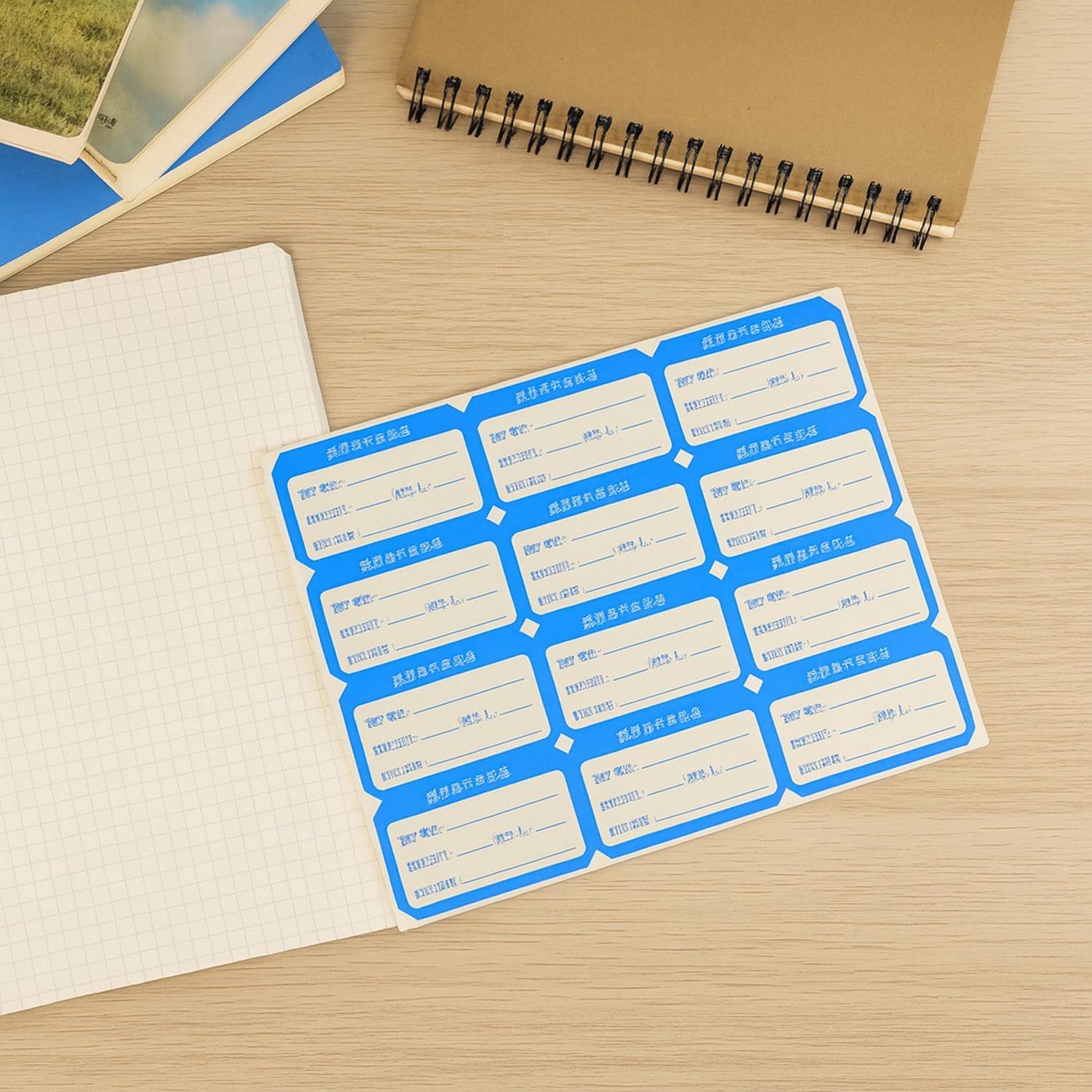Blank writable shipping label sticker sheets displayed on multiple sheets