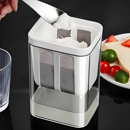 Yogurt maker filtering container showing whey separation for thick Greek yogurt.