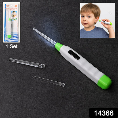 Close-up of LED flashlight earpick tool illuminating ear canal